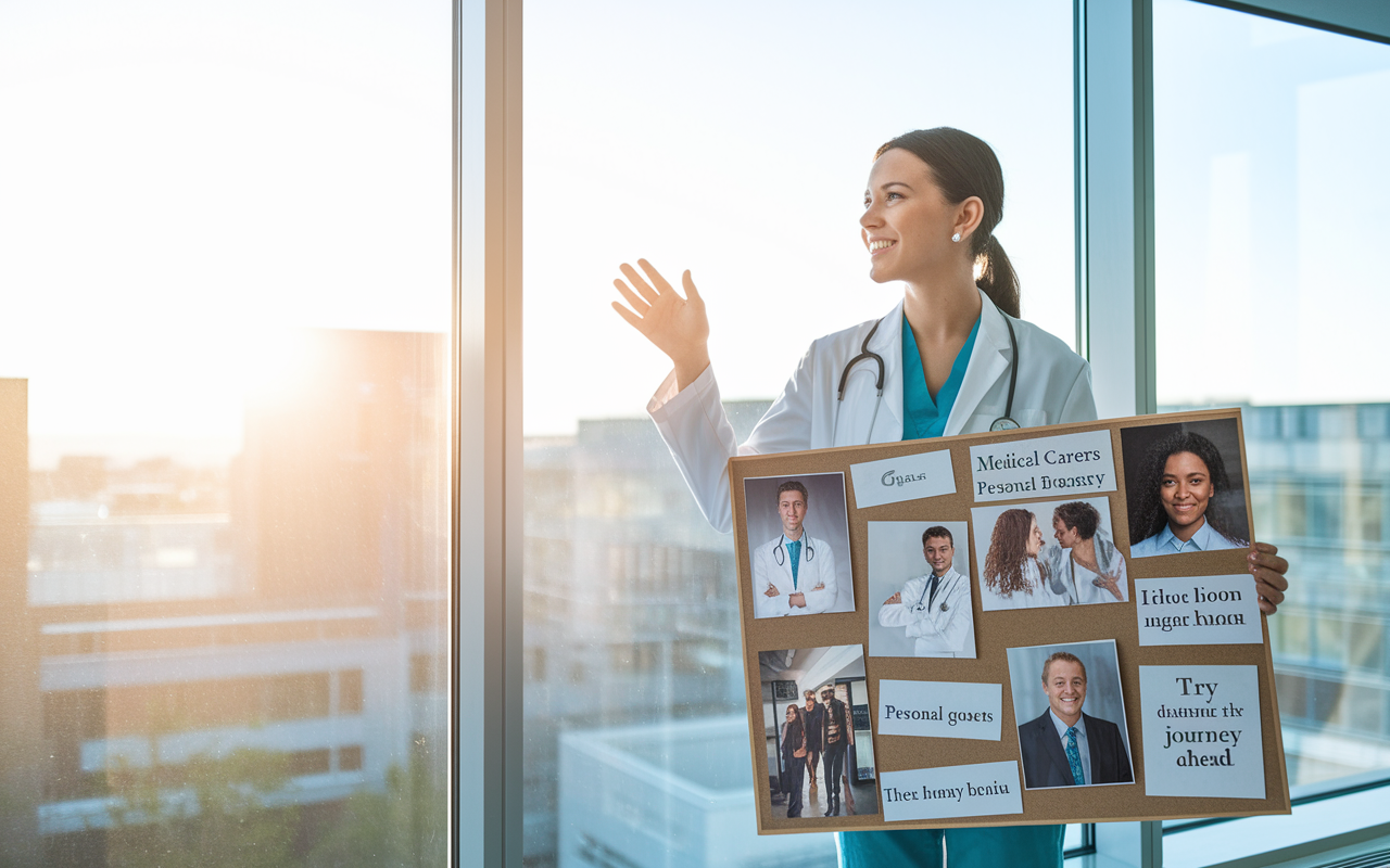 An optimistic medical student standing in front of a large window, gazing outside with a hopeful smile, visualizing their future success. The sunlight floods the room, making it bright and airy, symbolizing positivity and potential. The student holds a vision board filled with images of medical careers, personal goals, and motivational quotes, ready to embrace the journey ahead.