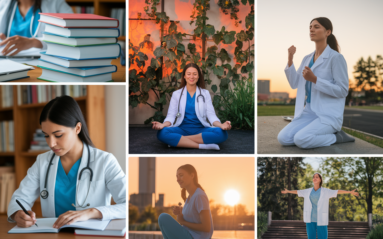 A collage of medical students engaging in various preparation activities for Match Day. One student's desk is piled high with medical textbooks, another is sitting calmly in a meditative pose surrounded by plants, while a third is exercising outdoors. The atmosphere reflects a blend of determination and serenity, with warm, natural lighting illuminating the scenes, showcasing balance between preparation and relaxation.