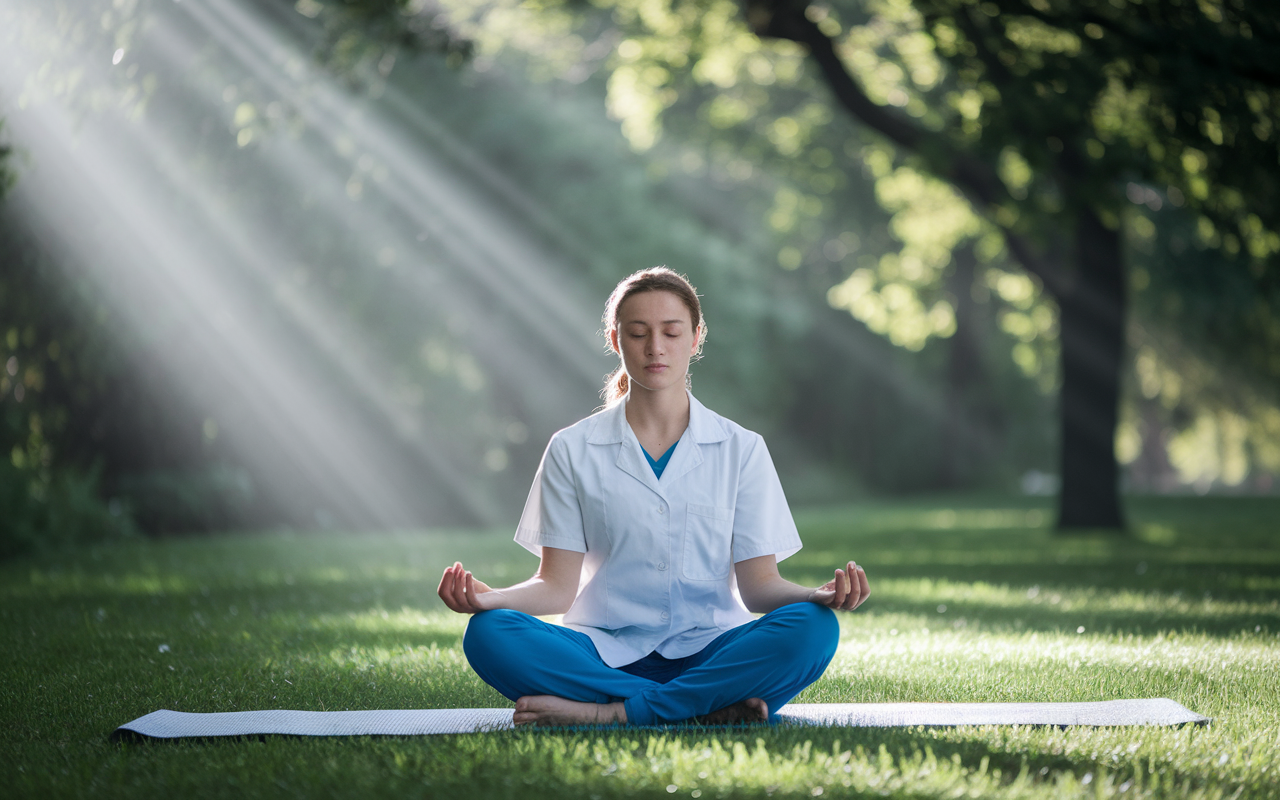 A serene scene of a medical student practicing mindfulness meditation in a peaceful outdoor setting, surrounded by nature. The student is sitting cross-legged on a yoga mat, eyes closed, radiating a sense of calm with soft sunbeams filtering through the trees. Gentle breezes rustle the leaves, enhancing the tranquil atmosphere, promoting a moment of focus and relaxation amidst the chaos of medical training.