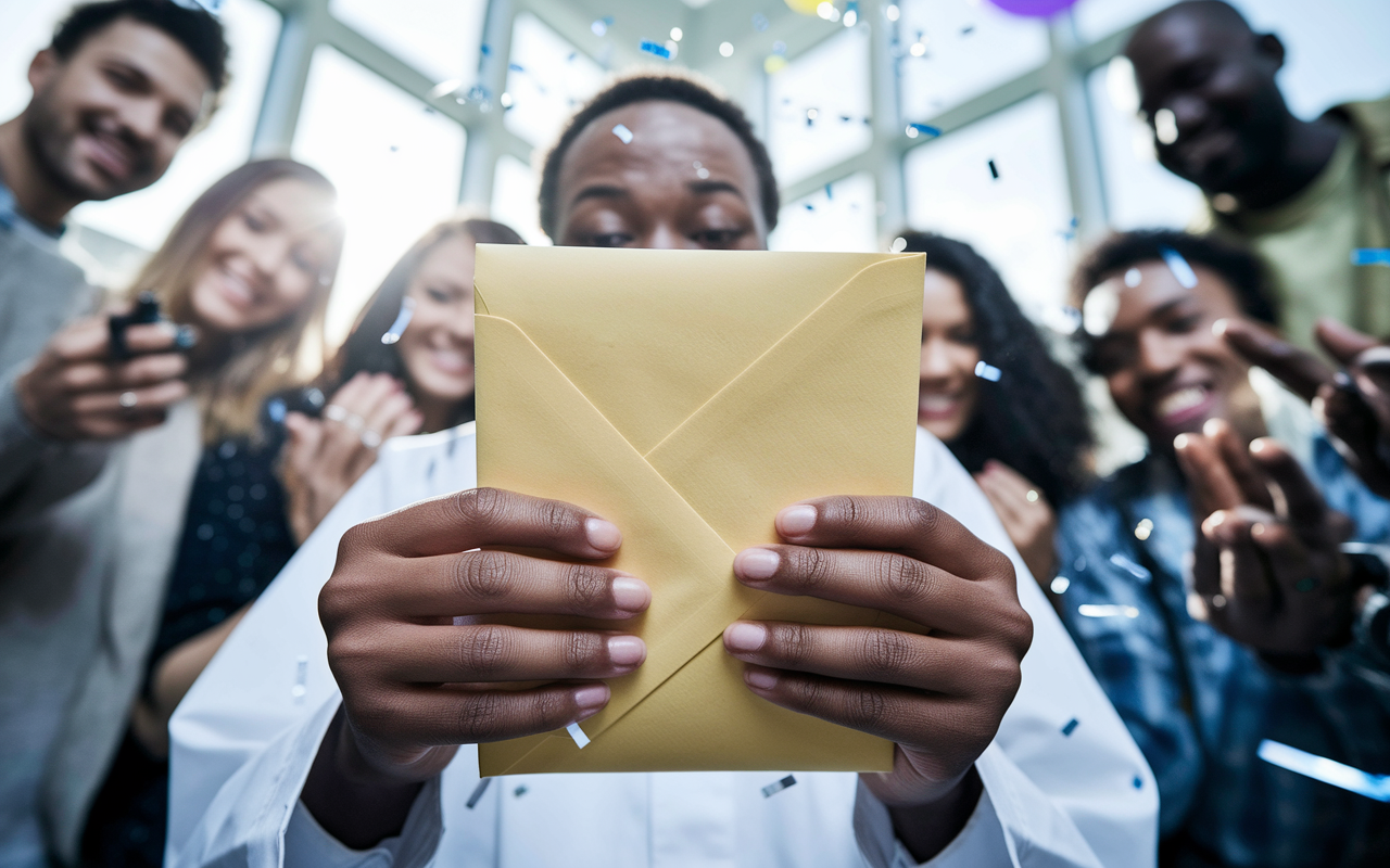 A close-up scene of a medical graduate opening an envelope on Match Day, surrounded by friends and family. The graduate holds the envelope with trembling hands, a blend of anxious anticipation on their face. In the background, friends are eagerly leaning in, some with cameras ready to capture the moment. Confetti and balloons float in the air, adding to the festive atmosphere, while sunlight streams through the windows, symbolizing hope and new beginnings.