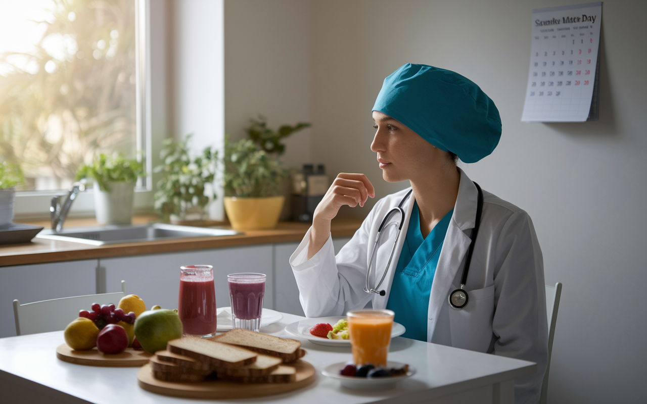 A serene kitchen scene showcasing a medical graduate preparing for Match Day morning. The graduate is sitting at a breakfast table with a healthy spread of fruits, smoothies, and whole-grain toast, looking contemplative. Soft morning light filters through the window, illuminating the determined expression on their face as they mentally prepare for the day ahead. A calendar on the wall marks Match Day, adding a sense of urgency and hope.