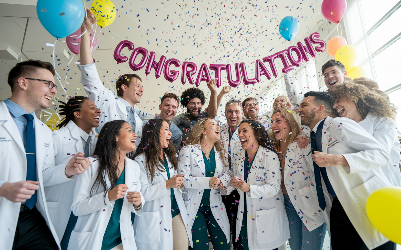 An exuberant group of medical graduates celebrating after receiving their Match Day results. Confetti is flying as friends embrace; some are lifting each other in joyful celebration. Bright balloons and a 'Congratulations' banner adorn the space. The diverse group reflects a variety of backgrounds and emotions, highlighting their milestones together. The scene is filled with laughter and joy under the bright, cheerful lighting.