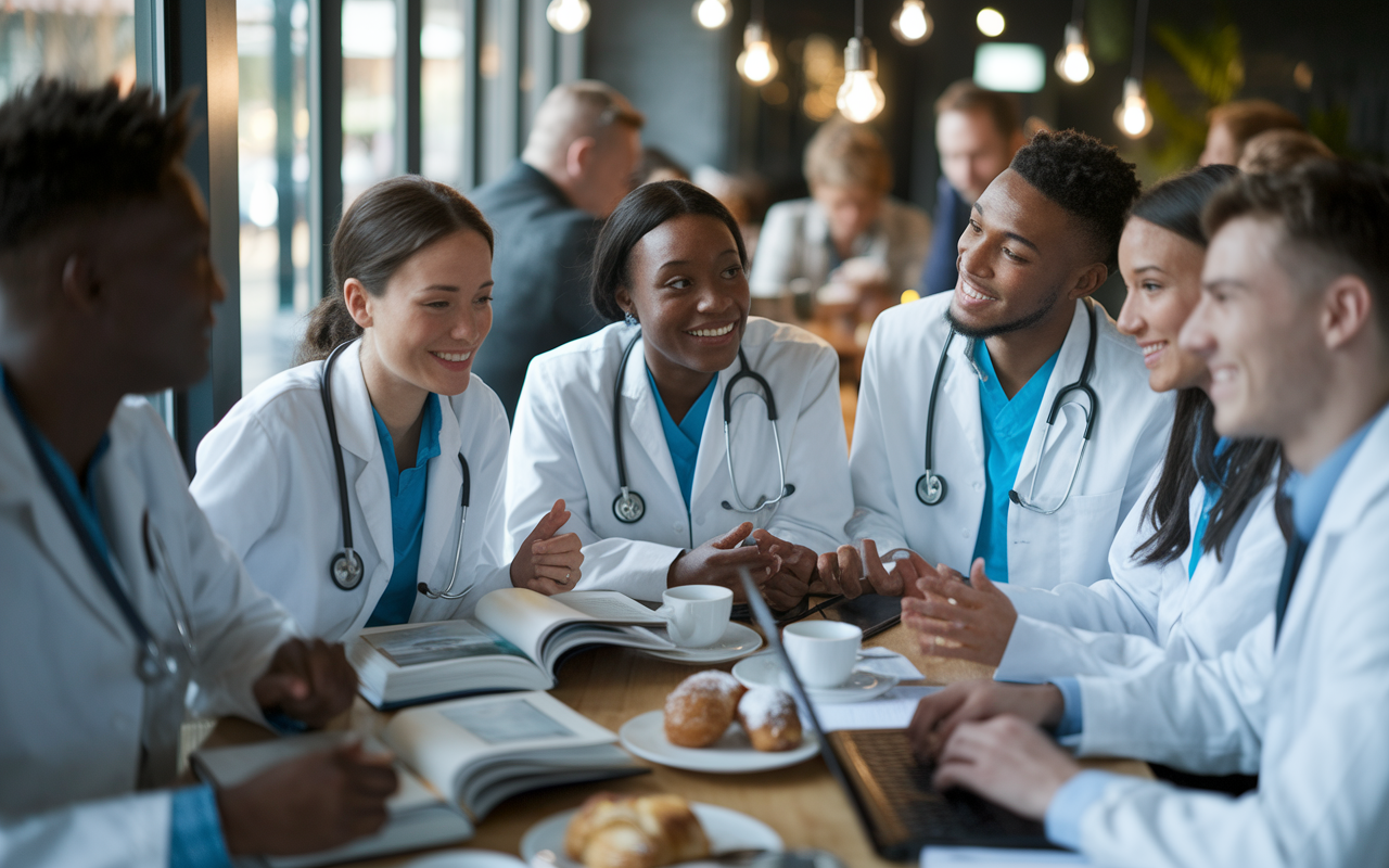 A diverse group of medical students gathered around a table in a cozy café, animatedly discussing their Match Day expectations. They are surrounded by textbooks and laptops, indicating their preparation efforts. The atmosphere is warm and inviting, with soft lighting from hanging bulbs creating a relaxed environment. Their faces are expressive, showing anticipation and hope, and delicious coffee and pastries are on the table, enhancing the sense of camaraderie and shared experience.