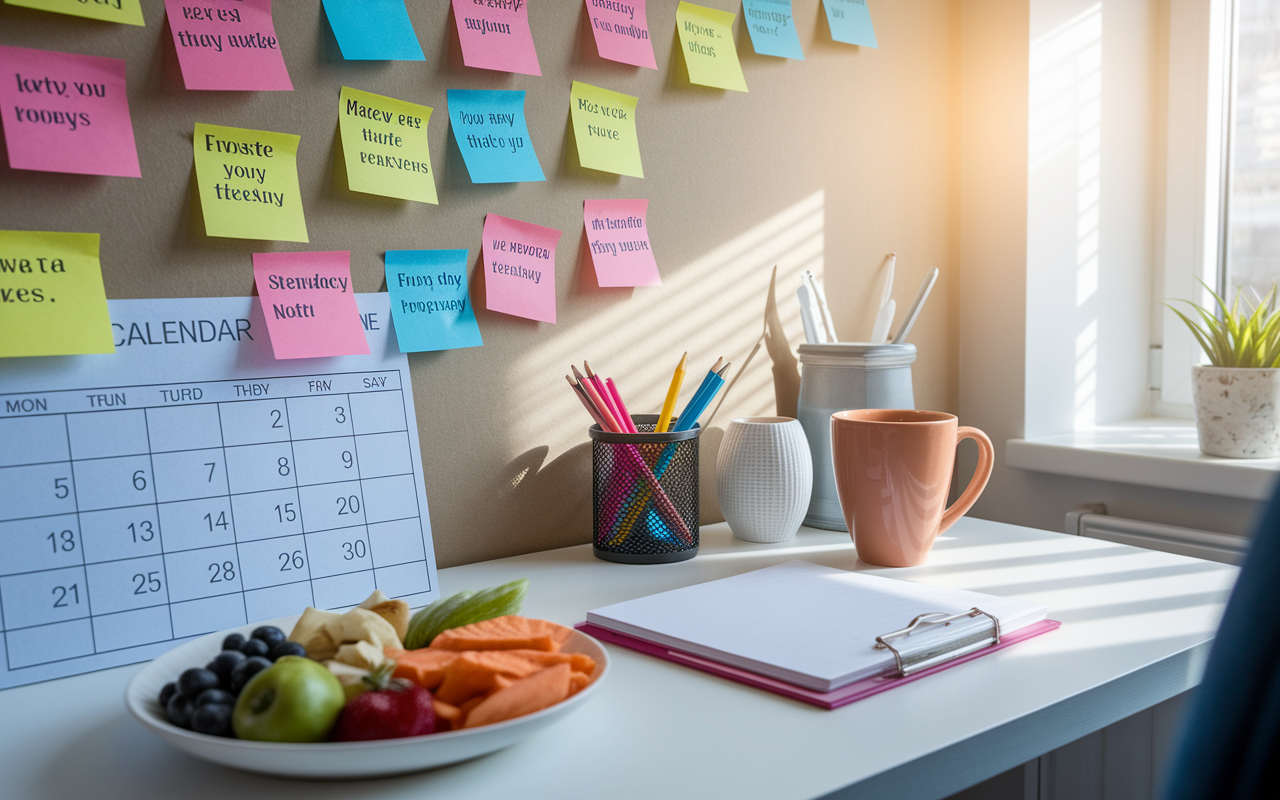 An inspiring workspace featuring a medical student's study area adorned with motivational quotes and colorful sticky notes. A calendar is visible, marking important milestones with bright stickers. A healthy snack plate and a coffee mug are on the desk, indicating small rewards for progress. The sunlight streams through a nearby window, creating a bright and optimistic environment, representing a balance between hard work and self-care during Match Day preparation.