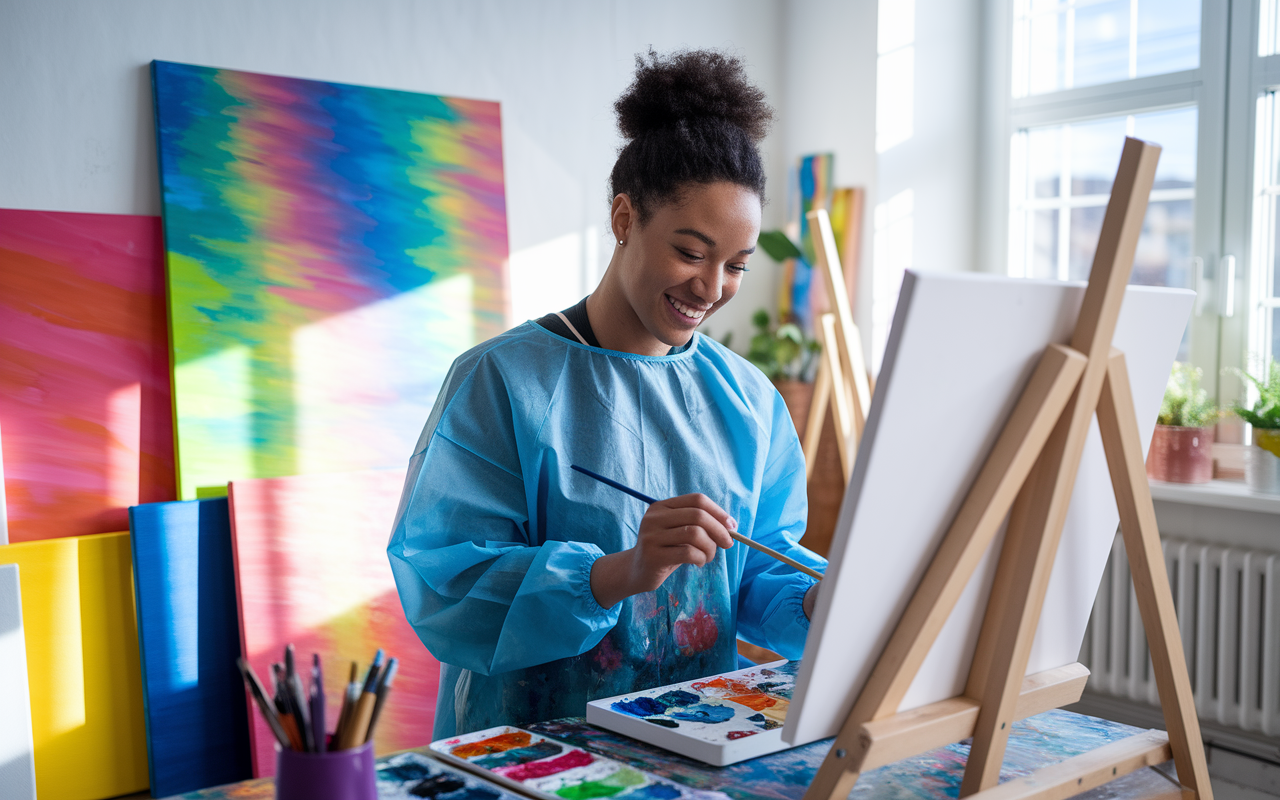 A joyful scene of a medical student painting in a sunlit art studio, surrounded by colorful canvases and art supplies. The student, wearing a smock, has an expression of concentration and happiness as they create. The space is filled with bright colors and natural light pouring in through the window, representing the therapeutic escape and creativity that balances the stress of Match Day preparation.