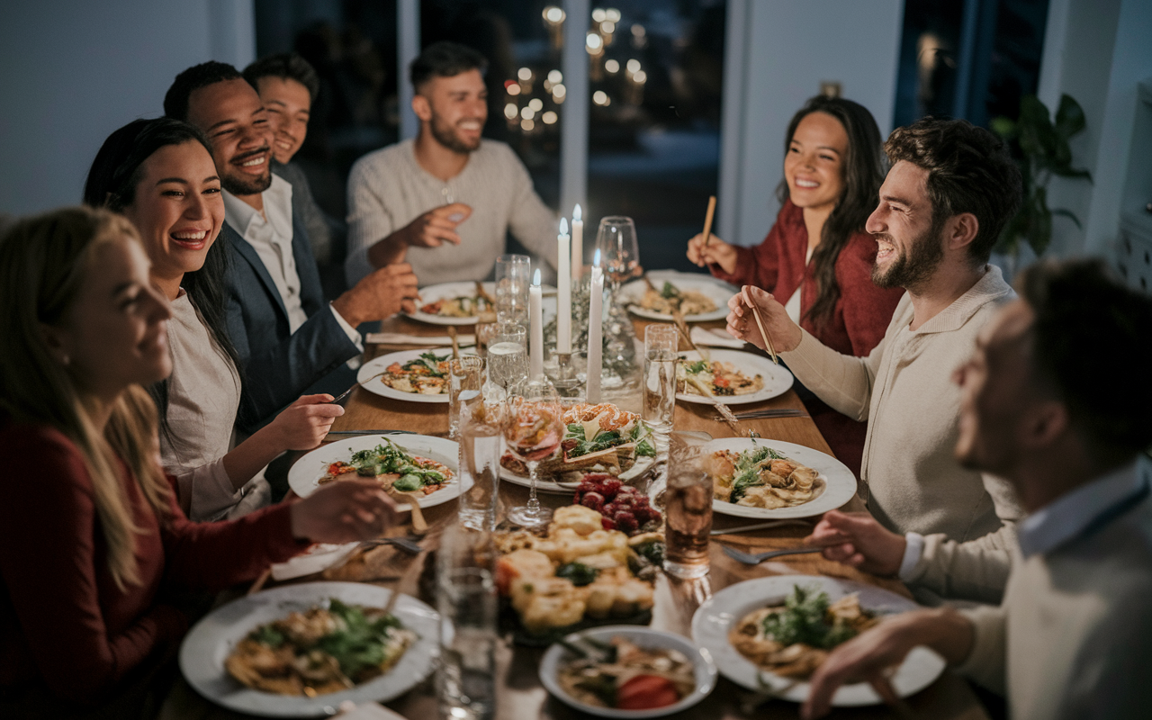 A heartwarming scene of a pre-Match Day dinner gathering, with a diverse group of joyful friends and family gathered around a beautifully set dining table filled with delicious dishes. The atmosphere is lively and filled with laughter, showcasing the importance of support and connection. Soft candlelight flickers, enhancing the warmth and intimate feel of the celebration, capturing shared emotions of hope and anticipation.