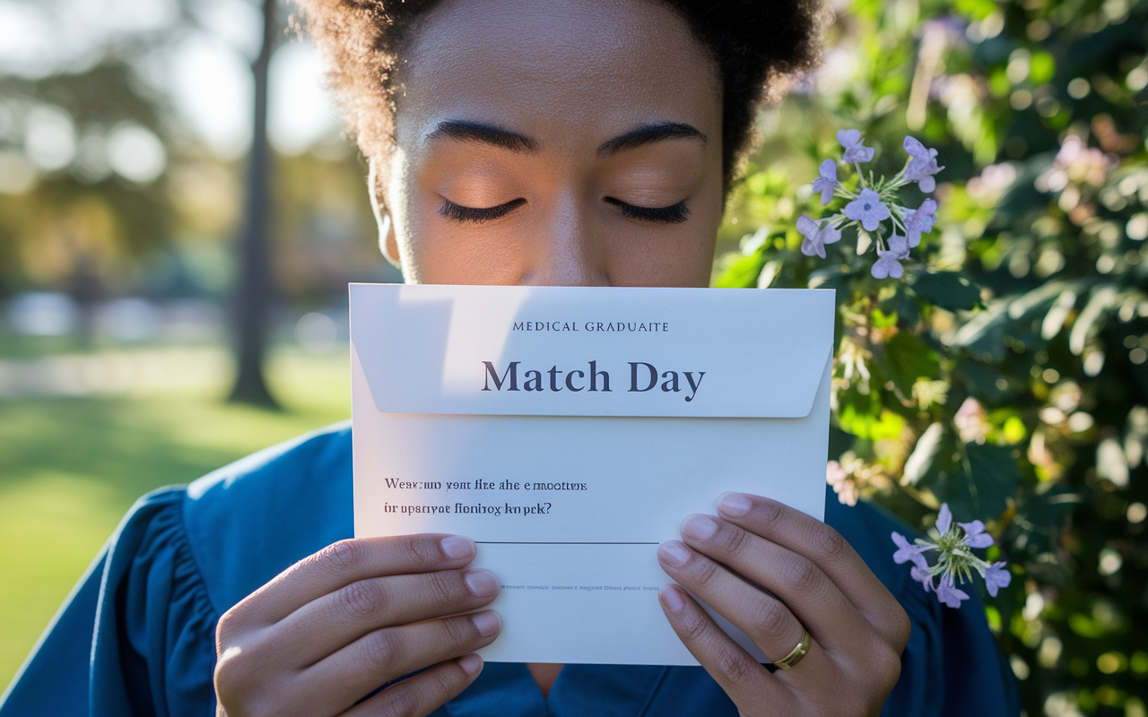 A close-up of a medical graduate, holding their Match Day envelope, with an expression of anticipation and a mix of emotions. The sunlight shines warmly on their face as they stand in a serene park setting, capturing the poignant moment of receiving life-altering news. There are delicate flowers in the foliage, symbolizing growth and change.