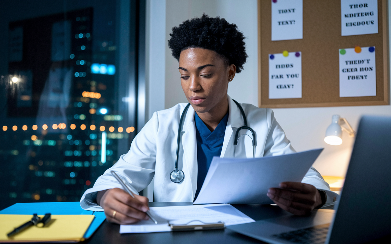 A focused medical graduate seated at a desk, reviewing specialty choices for Match Day with papers and a laptop open in front. They exhibit a mix of determination and calmness, with inspirational quotes pinned to a bulletin board in the background. A window shows the glow of the city at night, reflecting dreams and aspirations. Soft lighting creates a cozy atmosphere conducive to concentration.