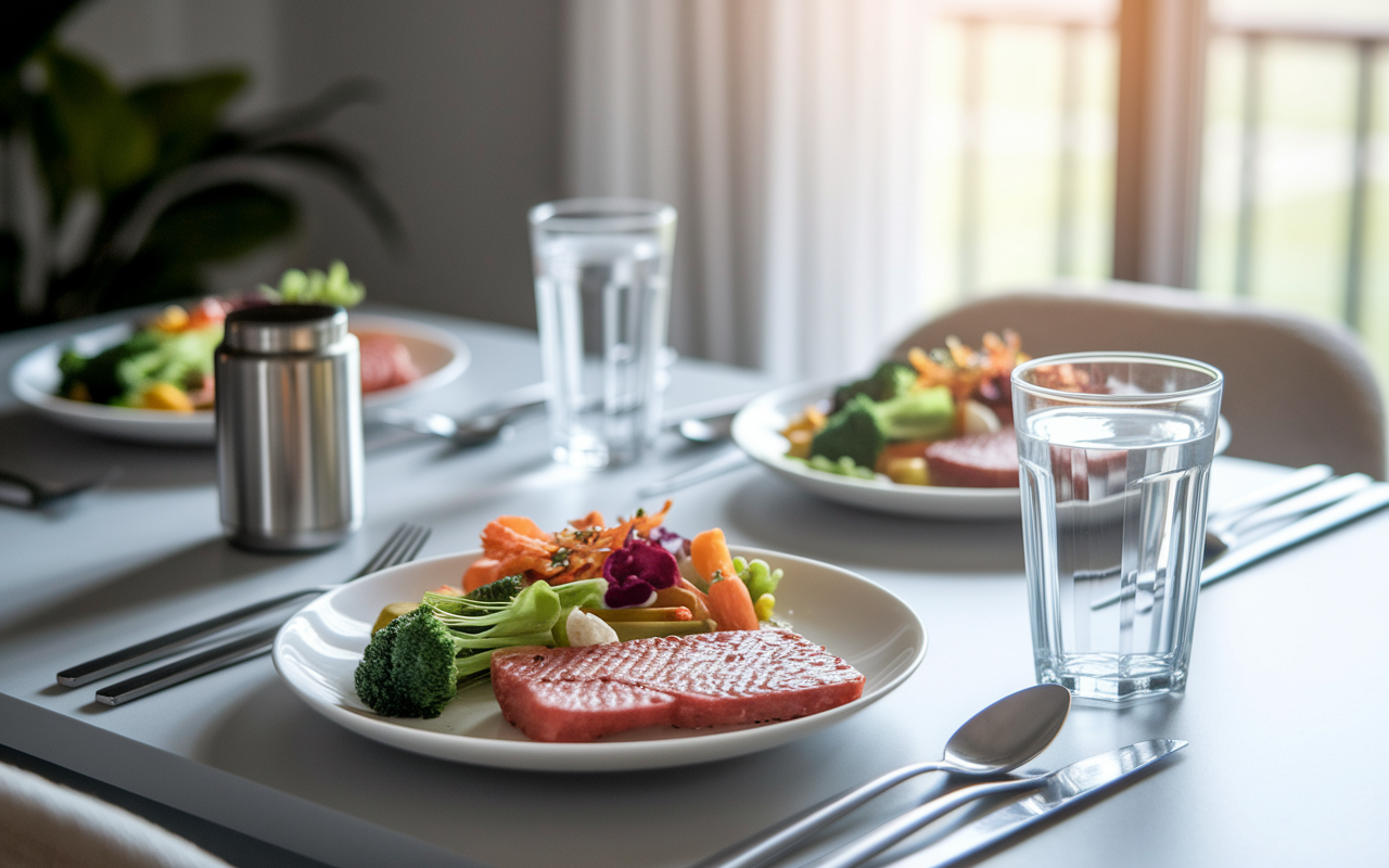 A well-set dining table featuring a light, nutritious meal with colorful vegetables, lean protein, and a glass of water filled to the brim. The setting conveys health and balance, enhanced by soft, natural lighting entering through the window. A calming atmosphere suggests mindfulness and self-care in preparation for Match Day.