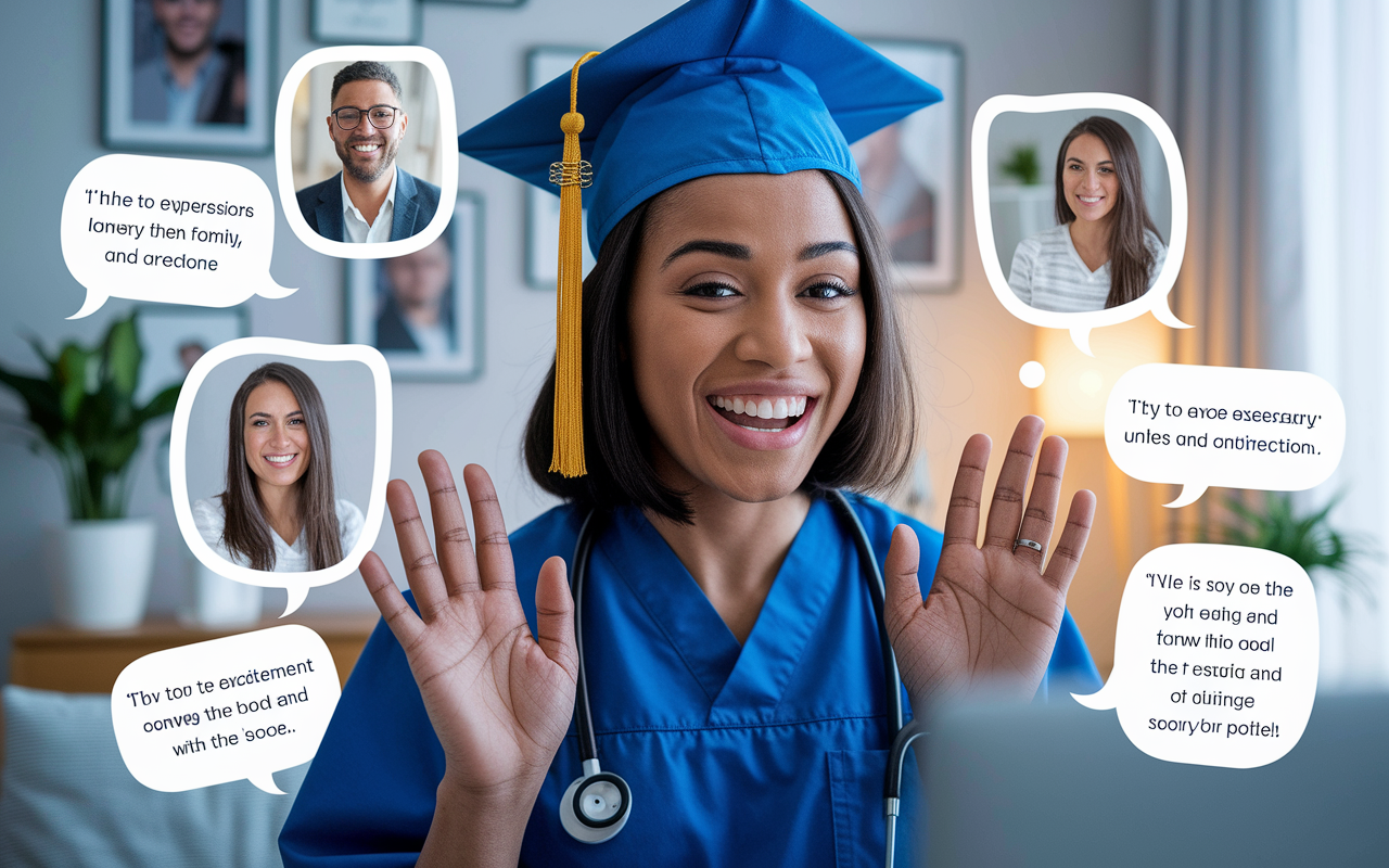 A heartwarming scene of a young medical graduate engaging in a video call with family, visualizing joy and support. The graduate’s facial expressions convey excitement and anticipation, while the background is adorned with family pictures and motivational quotes. Soft lighting envelops the room, infusing it with warmth and connection.