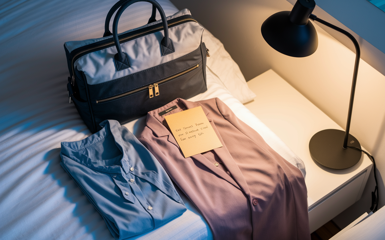 A meticulously organized bedside area with clothes laid out for the next day, alongside neatly packed essentials in a stylish bag. The outfit radiates professionalism and confidence, while an inspirational note rests on top. The soft glow of the bedside lamp creates an air of readiness for Match Day.