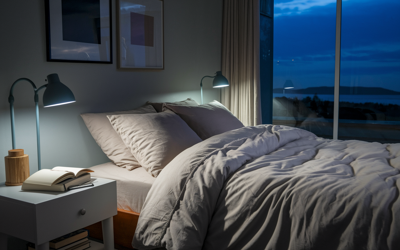 A peaceful bedroom ready for a good night's sleep, featuring soft bedding, dimmed lights, and serene colors. A nightstand holds a book and a journal, indicating a calming bedtime routine. Outside the window, a still night sky promises restful slumber and preparation for the big day ahead.