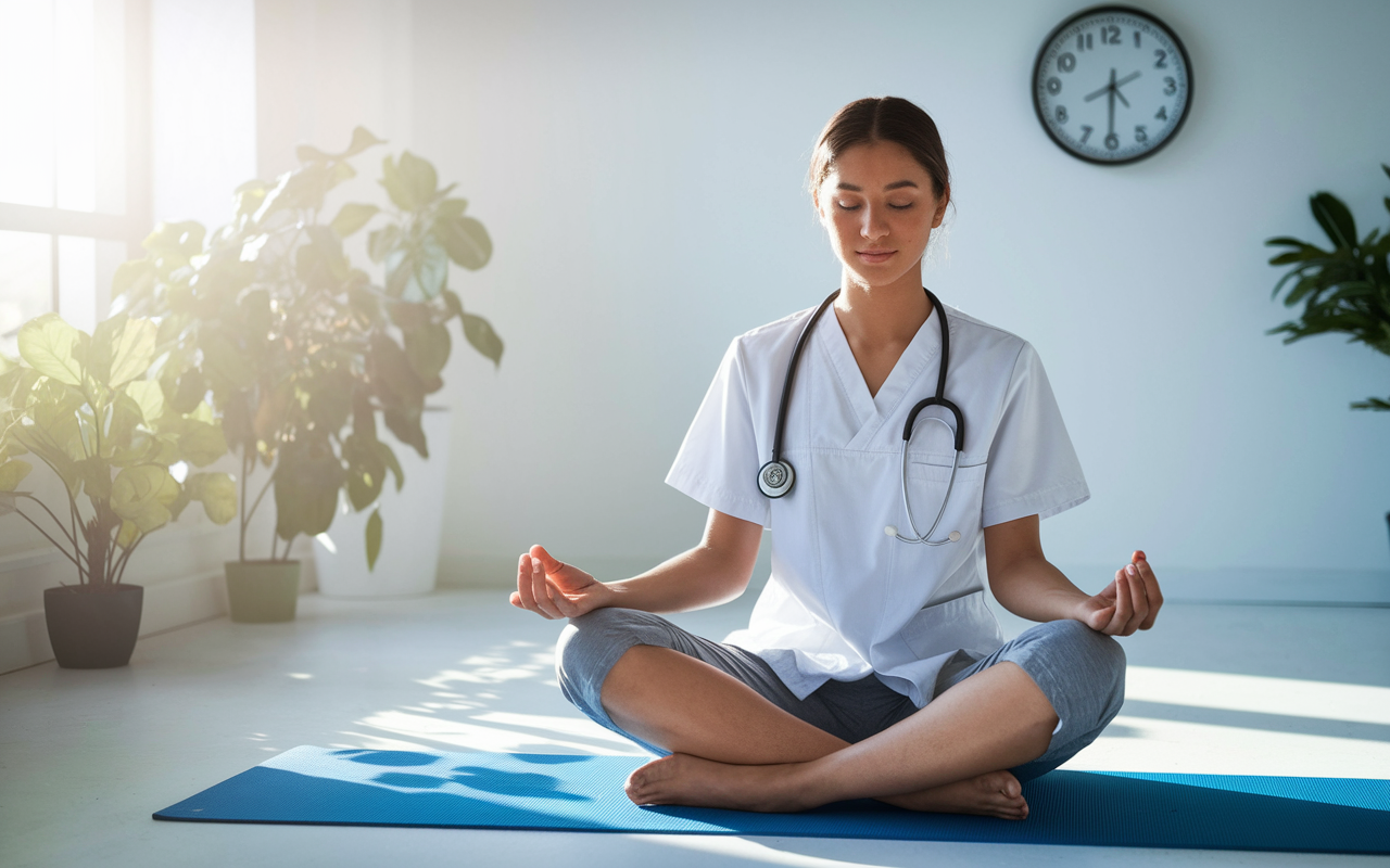 A tranquil morning scene featuring a medical student sitting cross-legged on a yoga mat, engaging in meditation. Sunlight streams through a nearby window, illuminating gentle plants in the background. The student has a calm expression, reflecting serenity and focus, emanating an aura of mindfulness. A clock on the wall shows early morning, enhancing the peaceful atmosphere.