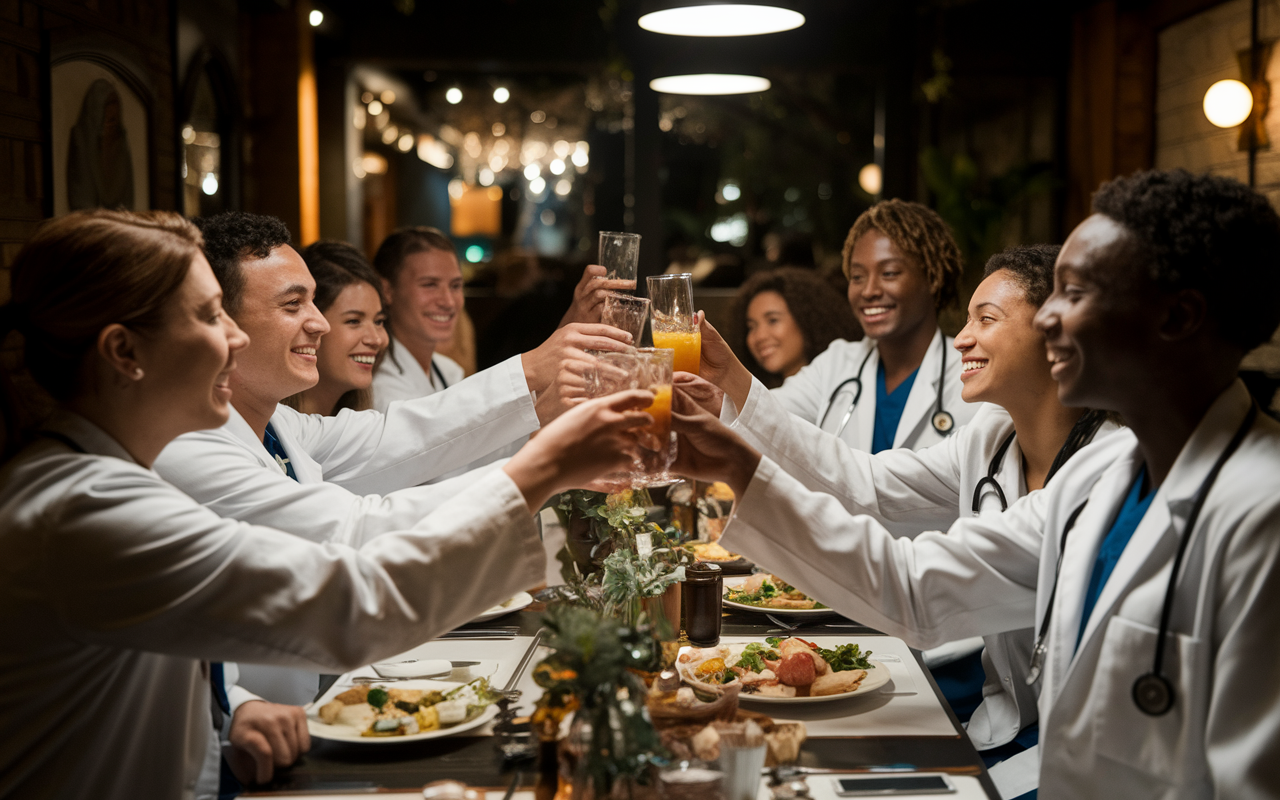 A joyful celebration scene in a cozy restaurant setting, featuring a group of medical students gathered around a table adorned with decorations and food. They are toasting, smiling broadly as they reflect on their journeys together, regardless of match outcomes. The warm, welcoming ambiance is accentuated by dim lighting, laughter, and joyous camaraderie perfectly capturing the essence of friendship.