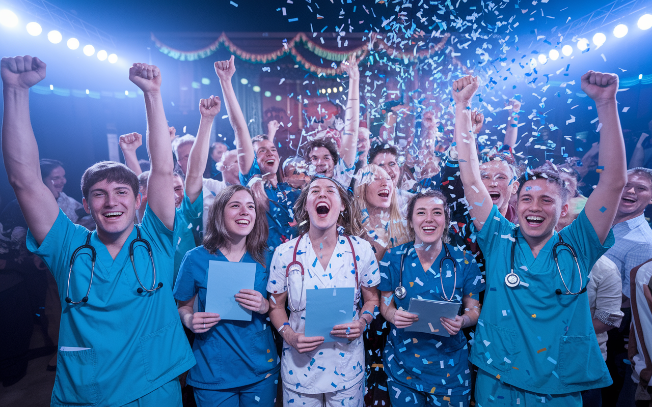 A vibrant scene of a group of ecstatic medical students celebrating their Match Day success, arms lifted high in triumph and joy. Confetti falls around them as they hold their match results, surrounded by jubilant friends and family, in a venue adorned with medical-themed decorations. The atmosphere is electric, filled with laughter and excitement under bright, festive lights.