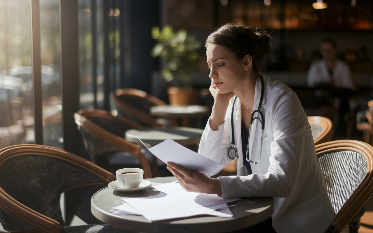 A pensive medical student sitting alone in a quiet café, holding their unmatched results, with a thoughtful expression. The café is warm and cozy, with soft lighting casting shadows across scattered papers and a half-finished cup of coffee. It conveys a sense of contemplation and new beginning as they strategize their next steps, surrounded by an inviting ambiance.