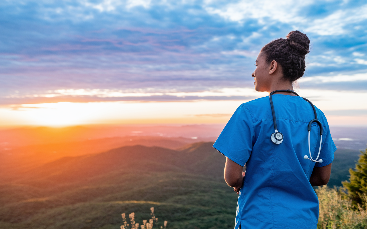 A serene image of a medical student looking confidently towards the horizon from a hilltop, symbolizing hope and new beginnings after Match Day. The sun is setting, casting a golden glow over the landscape, with soft clouds in the colorful sky. The student is dressed in scrubs, with a stethoscope slung around their neck, embodying determination and optimism as they prepare for the next chapter in their medical journey.