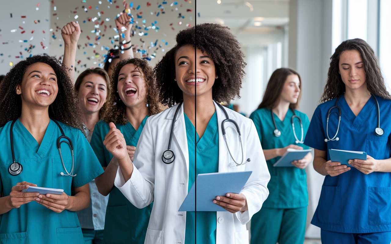 A split scene showing one side with joyful students celebrating their Match Day success and the other side depicting students strategizing their next steps after being unmatched. The jubilant side is filled with celebratory colors and confetti, while the thoughtful side is more muted, highlighting the seriousness of planning and reflection. The contrasting tones emphasize the diverse pathways in a medical career.