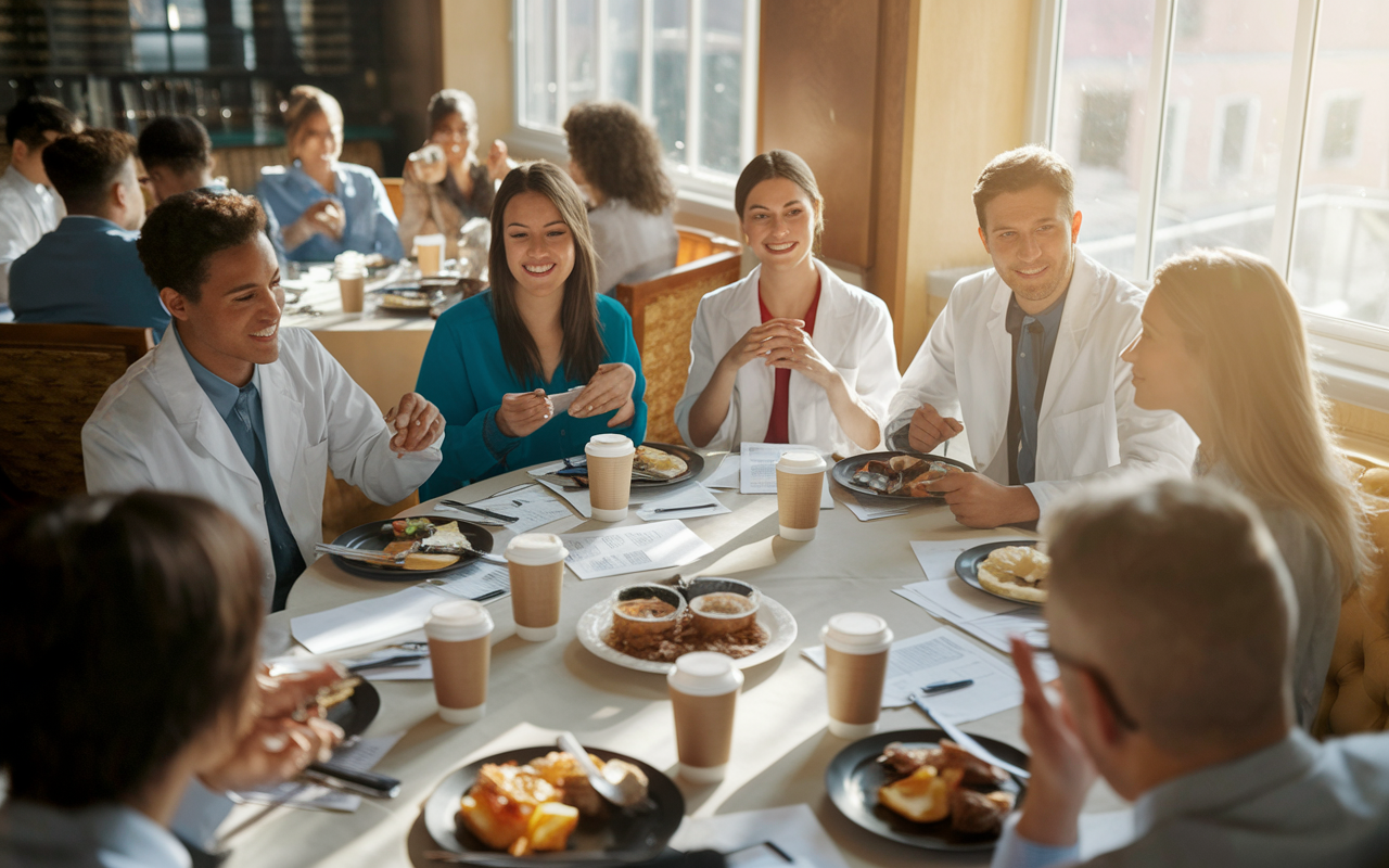 A warm, inviting setting of a casual brunch networking event featuring young medical professionals, animatedly discussing research topics. Diverse attendees seated at elegantly arranged tables with plates of food, coffee cups, and networking materials scattered around. Natural sunlight filters through large windows, illuminating their engaged expressions and scattered papers. An overall sense of camaraderie and sharing of ideas, reflecting the spirit of cooperation in medical research.