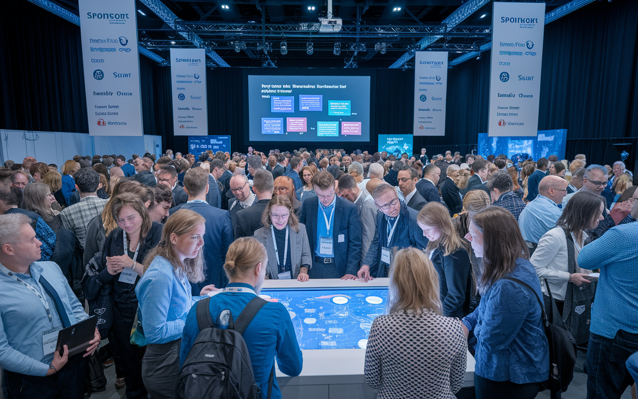 An enthusiastic crowd at a medical research conference bustling with activity—scientists engaged in animated discussions, exchanging notes and ideas. A large projector displaying key research topics, while groups huddle over interactive displays showcasing technological advances in medicine. The venue is well-lit, with banners displaying sponsor logos and research themes, creating an inspiring and innovative atmosphere.