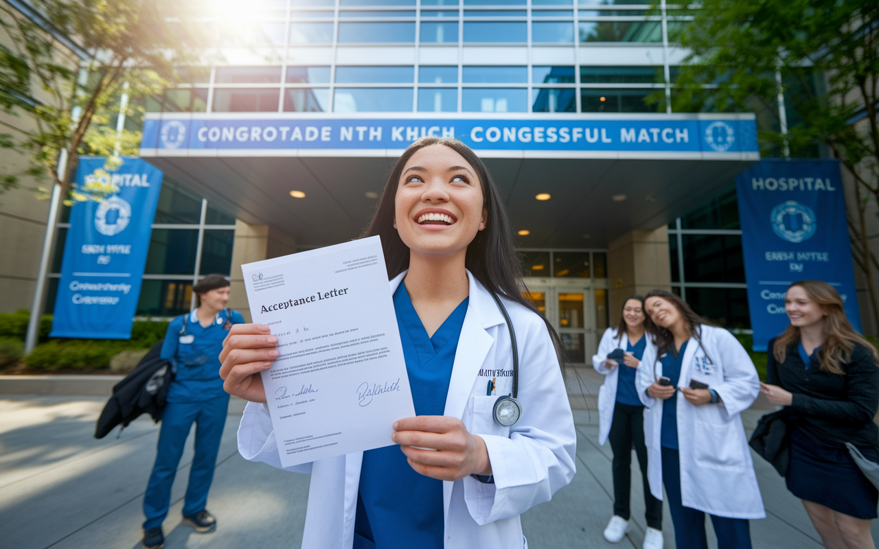 A jubilant scene showing a young woman in a white coat, smiling broadly while holding her acceptance letter in front of a hospital, signifying her successful match. She stands outside the hospital's entrance, which is decorated with congratulatory banners. The sun gently shines down, illuminating her joyful expression and the excitement of beginning her residency. Other residents in the background share the moment, some taking photos, while others converse animatedly, capturing the camaraderie and ambition of new beginnings.