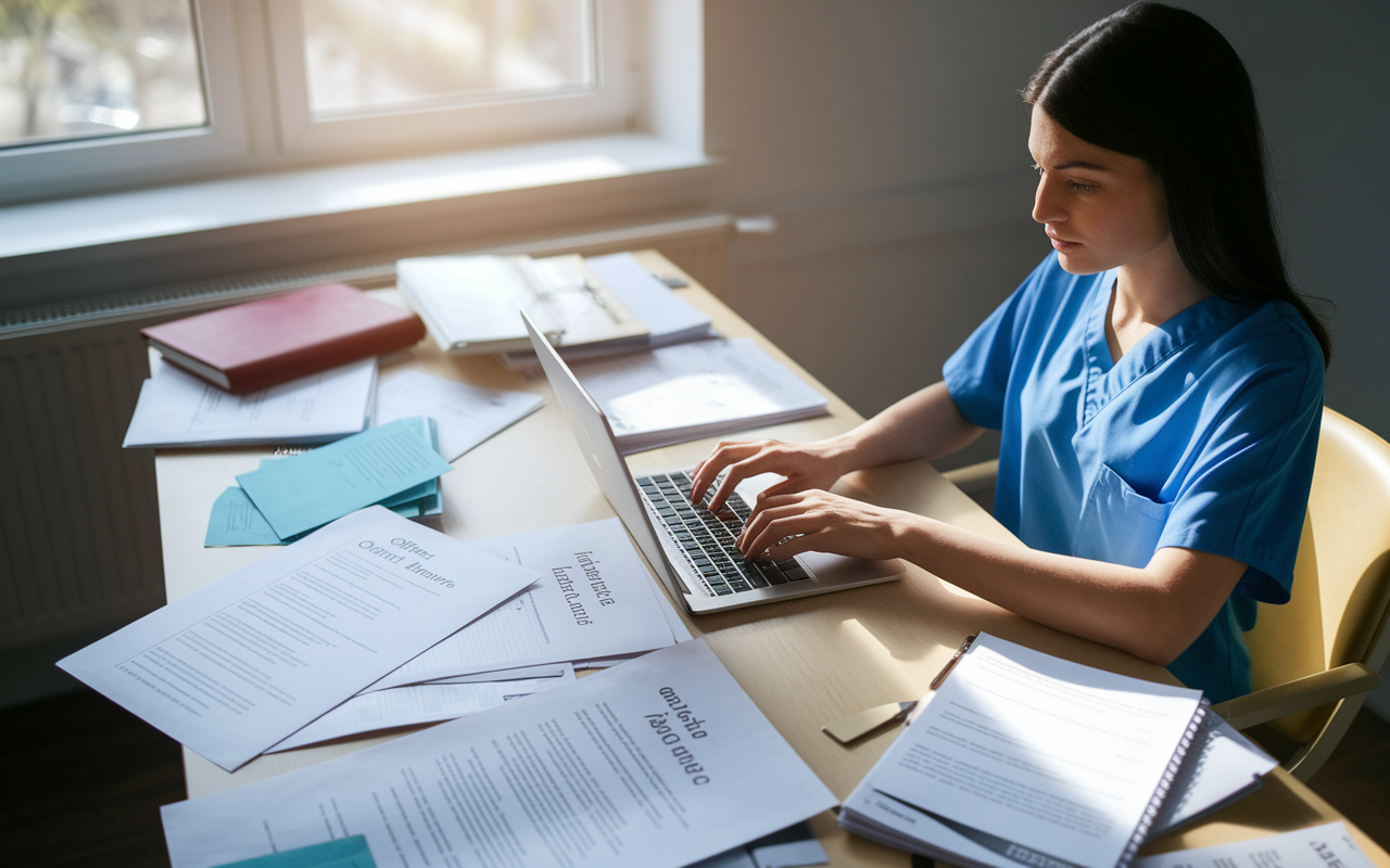 A thoughtful scene of a medical resident sitting at a desk cluttered with residency-related materials and documents. The desk is in a well-lit room, sunlight streaming in through a window. Papers are spread out showcasing offer letters, housing information, and to-do lists. The resident, a young woman in scrubs, appears focused as she types on her laptop, meticulously planning her transition and reflecting the diligence and responsibility required for her new journey.