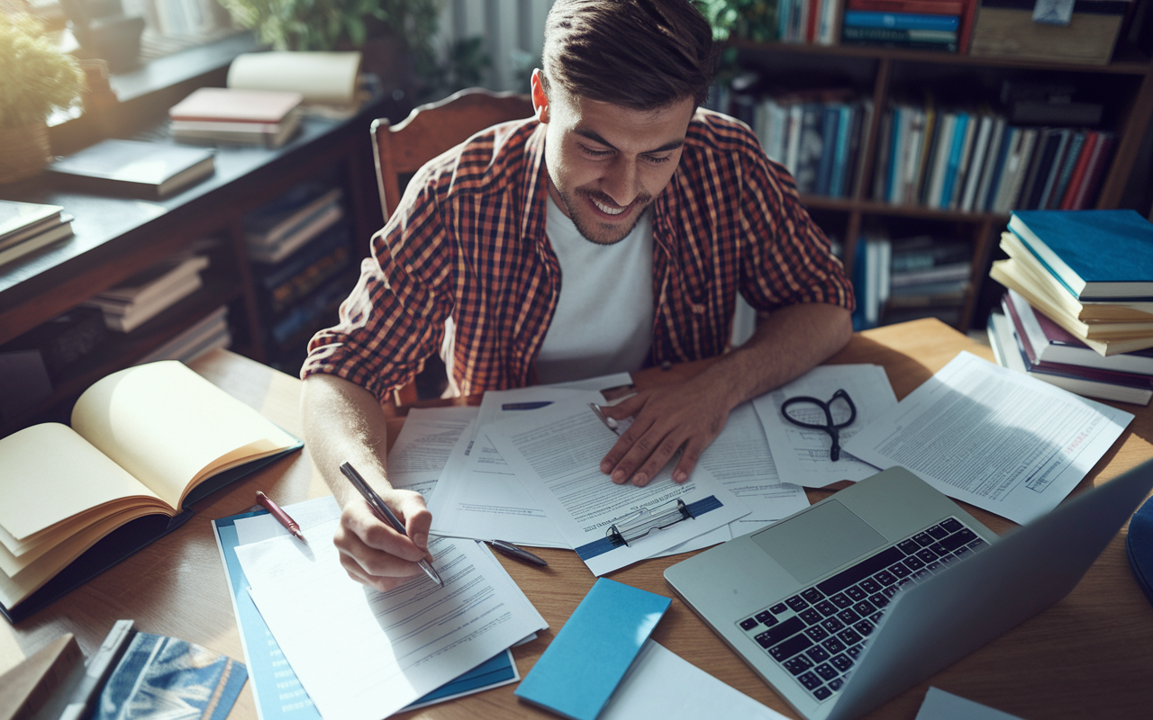 A high-energy scene of a young man intensely working on his residency SOAP application in a cozy study room, filled with books and medical resources. He is seated at a desk, surrounded by papers with notes and a laptop displaying research on unfilled residency positions. The late-afternoon light casts a warm glow, reflecting his determination and focus amid a chaotic yet productive environment. Several reference texts are open around him, symbolizing hard work and a strategic approach to reapplication.