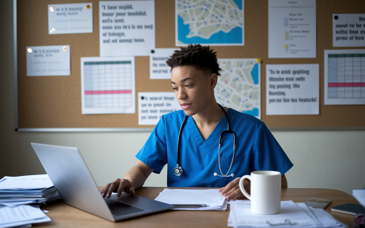 A focused new medical resident sitting at a desk cluttered with papers, laptop open, and a mug of coffee beside them, perusing the website of their new residency program. The background shows a bulletin board filled with schedules, maps of the hospital, and motivational quotes, all under soft, ambient lighting inspiring determination and curiosity.