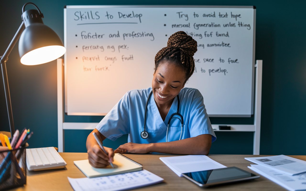 A medical resident in a cozy room, sitting at a desk with papers and a digital planner, enthusiastically writing down personal and professional goals on a notepad. A whiteboard in the background displays motivational quotes and bullet points on skills to develop. The scene is illuminated with warm, soft lighting, evoking a sense of hope and ambition.