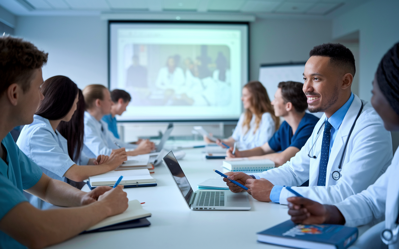 A medical resident in a conference room filled with peers, attentively listening to a lecture with a laptop open, taking notes and surrounded by textbooks. A bright projector screen shows an educational presentation. The atmosphere is lively and engaging, symbolizing the passion for knowledge and professional development.