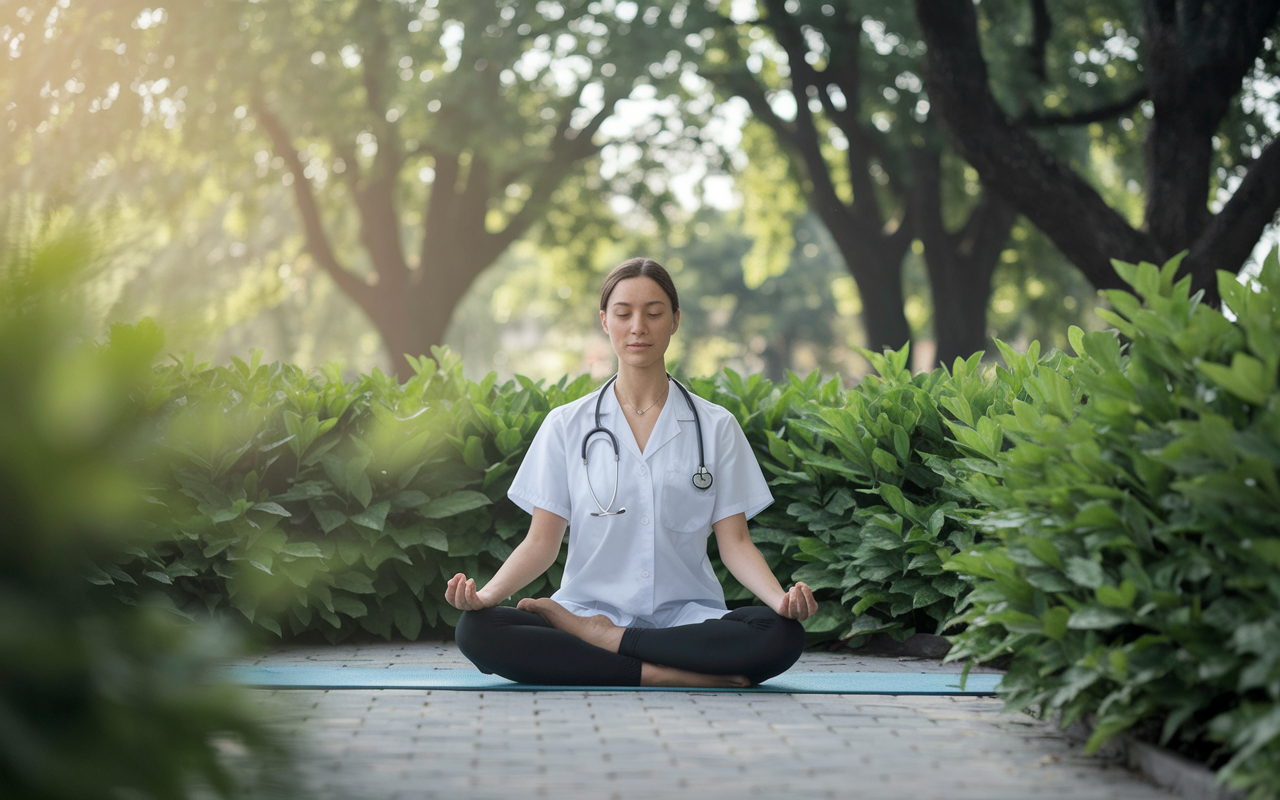 A medical resident practicing yoga in a serene corner of a park, surrounded by lush greenery and soft sunlight filtering through the trees. The resident looks calm and centered, embodying tranquility as they focus on their breath, illustrated as a moment of peaceful balance amidst the pressures of residency.