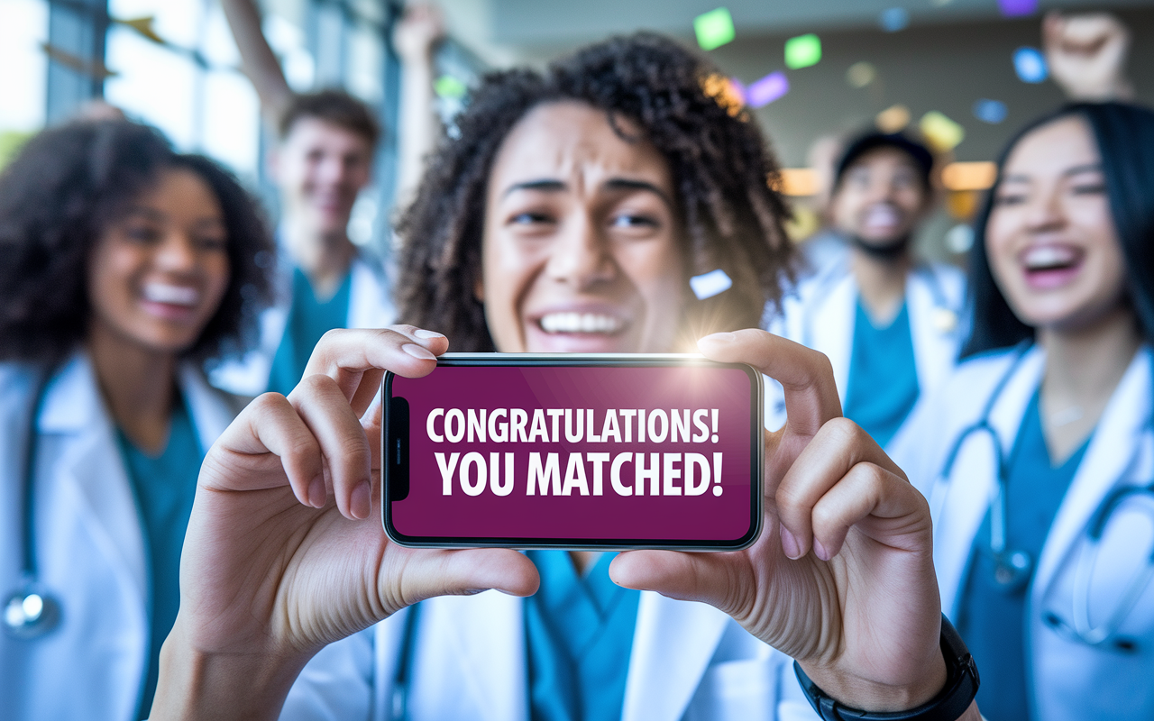 A close-up shot of a smartphone in a nervous yet eager medical student's hands, revealing a bold notification screen that says 'Congratulations! You Matched!' while the background is blurred with friends cheering in excitement. The light from the phone casts a warm glow on the student's face, capturing the emotion of happiness and relief. The background includes other students in a lively environment, indicative of celebration, with confetti falling around.