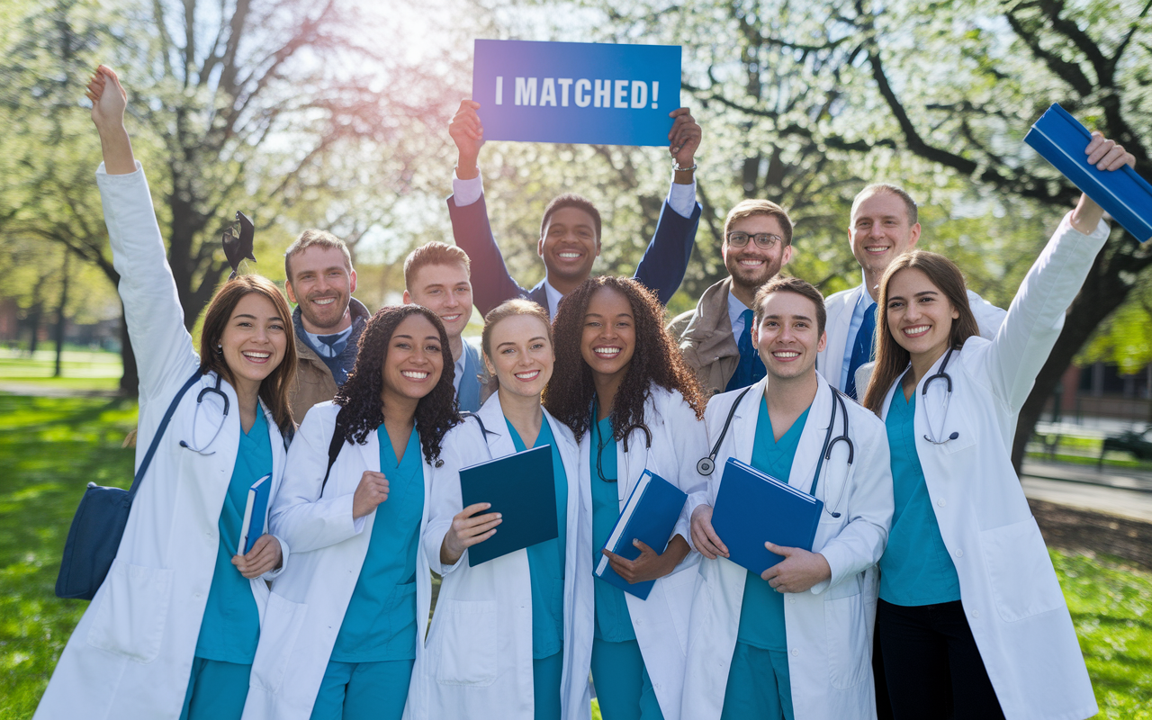 A joyful gathering of diverse medical students in a park, celebrating their Match Day success, some with banners saying 'I Matched!' and others holding up diplomas and medical books. The group is smiling and embracing each other in excitement, surrounded by nature in full bloom, symbolizing new beginnings. Bright, cheerful colors enhance the celebratory spirit, with sunlight filtering through the trees creating a warm glow.