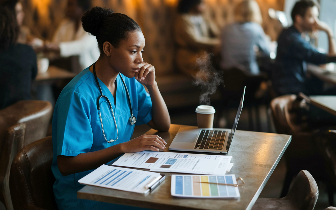 An introspective medical graduate sitting alone in a cozy coffee shop, laptop open with various documents and resources regarding the SOAP process laid out. A thoughtful expression on their face as they analyze potential residency options, a coffee cup steaming beside them. The warm ambiance of the café enhances a feeling of contemplation and determination, with other patrons blurred in the background, supportive yet distant.