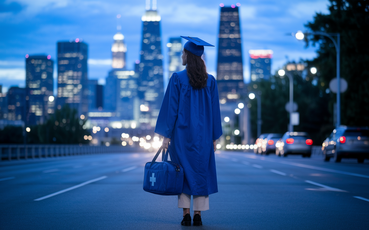 A determined medical graduate standing on a city street at dusk, looking towards the horizon with a reflective expression. They hold a medical bag in one hand, signifying their commitment to the medical field, ready to embrace the journey ahead after Match Day. The city skyline is illuminated with soft lights, creating an inspiring backdrop of endless possibilities, capturing the essence of hope and perseverance.