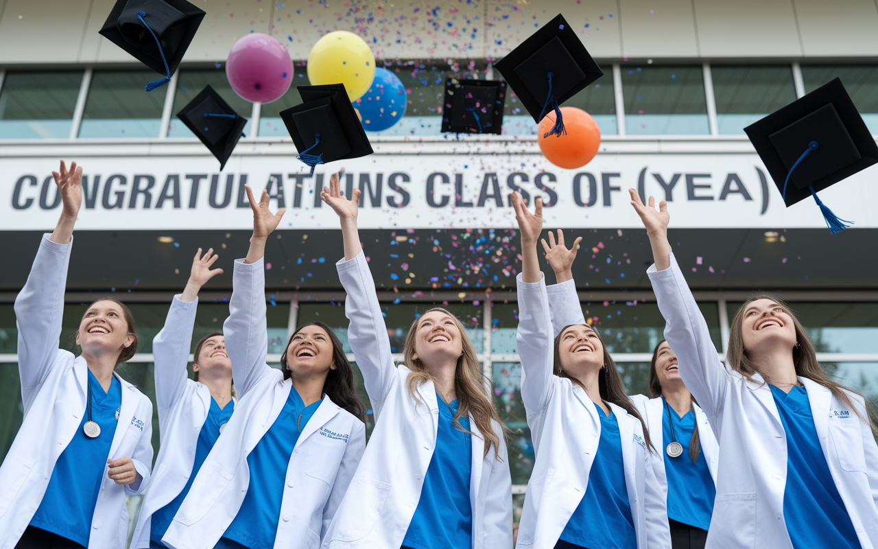 A joyful celebration among medical students at a Match Day event. The scene shows students throwing their caps in the air, surrounded by colorful balloons, confetti falling from above. The background features a banner saying 'Congratulations Class of [Year]'. Emotions of joy and relief resonate in their faces, highlighting the successful culmination of their efforts.