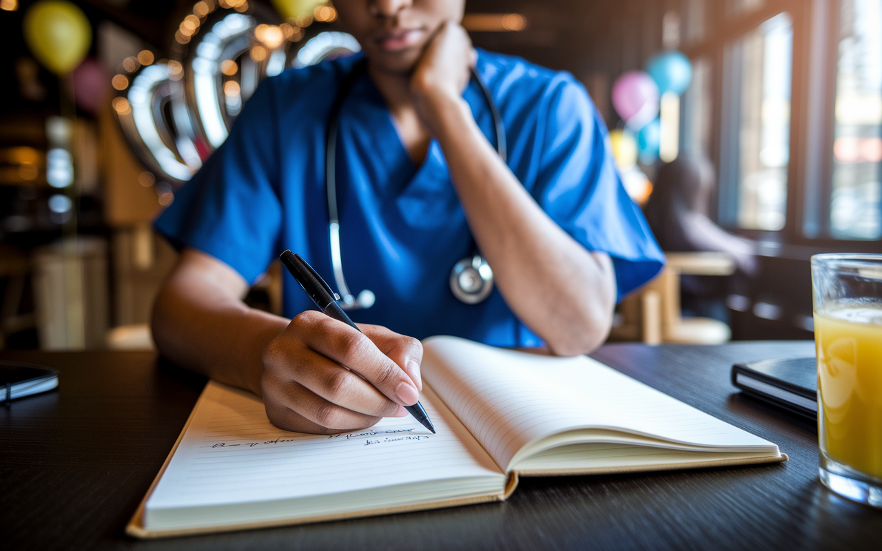 A close-up of a medical student sitting at a cozy café with a journal open in front of them. They are deep in thought, writing reflections with a focused expression. Surrounding them are remnants of a celebratory event, such as balloons and drinks, contrasting with the serious tone of reflection. The warm lighting creates an intimate atmosphere, emphasizing personal growth.