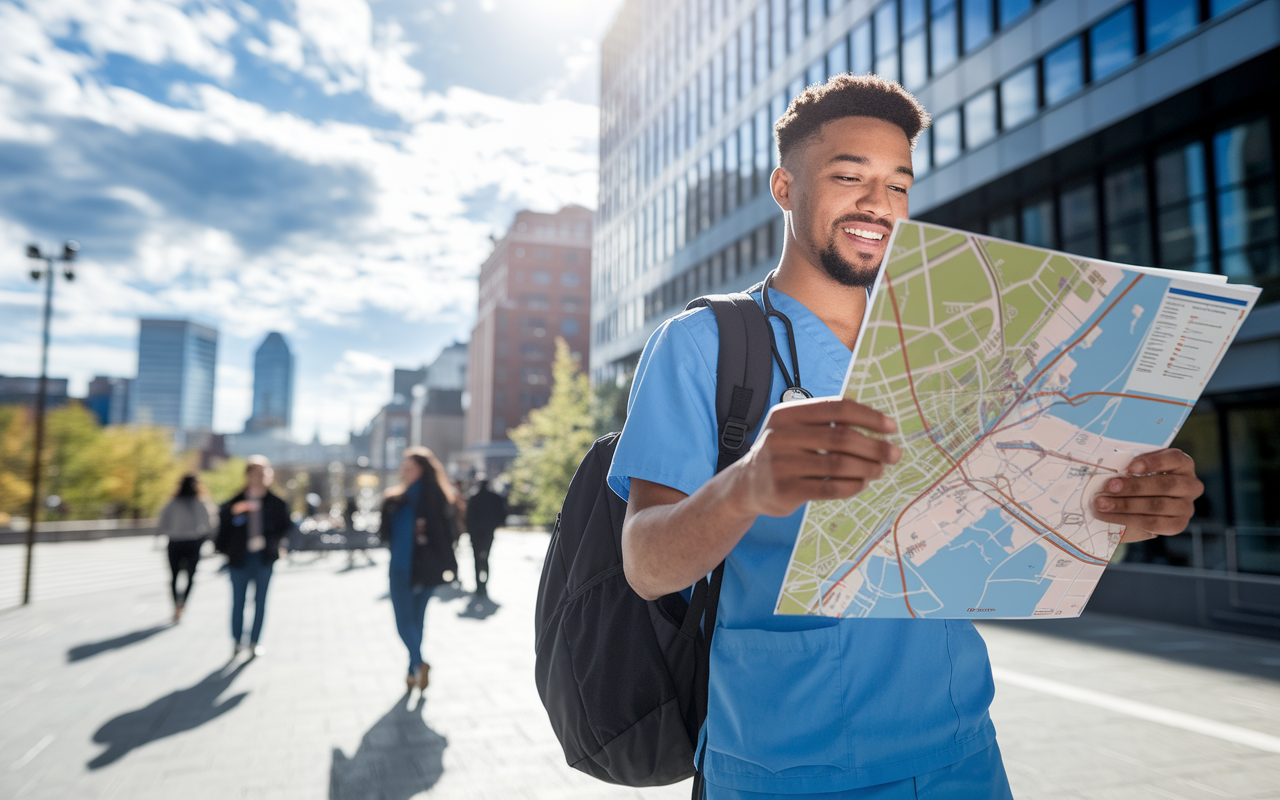 A new medical resident standing in front of a hospital, looking enthusiastically at a city map. The energetic atmosphere captures the spirit of exploration with cityscapes in the background, sunlight breaking through the clouds, and people moving around, indicating the hustle and bustle of city life. The resident holds a backpack, symbolizing readiness and adventure.