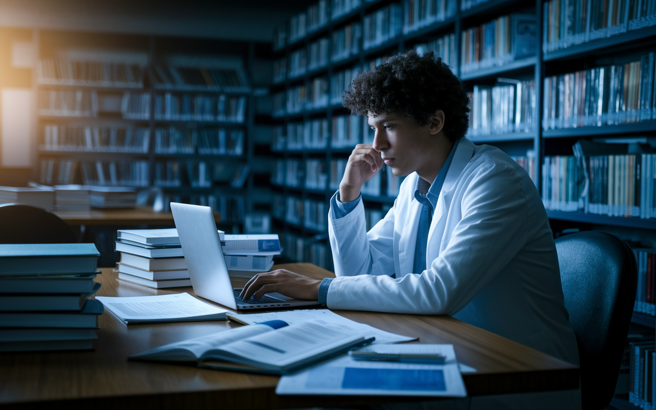 A contemplative medical student in a quiet library, surrounded by medical textbooks and research papers, reviewing potential research positions on a laptop. The atmosphere is focused and introspective, with soft lighting casting a warm glow, symbolizing hope and the quest for knowledge amidst uncertainty.