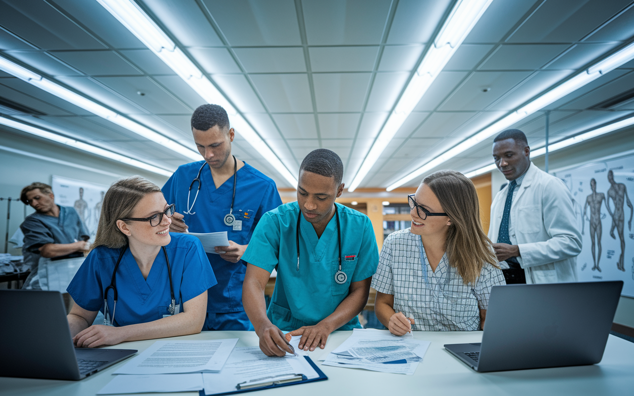 A scene depicting newly matched medical residents in a busy hospital setting, preparing for the challenges of residency. Young individuals in scrubs, looking at orientation materials, with paperwork and laptops open on a table surrounded by medical diagrams on the wall. Bright fluorescent lights illuminate the space, creating a bustling atmosphere filled with excitement and nervous energy. Emphasize the camaraderie as they discuss and share ideas.