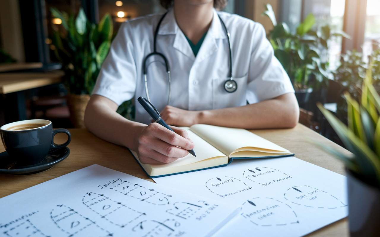 A thoughtful scene showing a medical resident sitting at a desk in a quiet café, reflecting on their career objectives while writing in a journal. A coffee cup rests beside them, and soft lighting creates a cozy environment filled with plants. Imagery of aspiration, with sketches of specialty ideas and goals on the desk, symbolizing a journey of self-discovery and future ambitions.