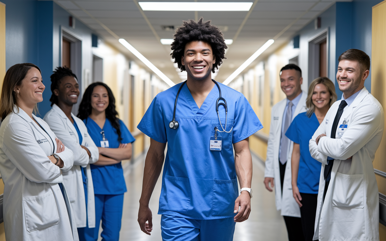 A powerful concluding scene of a newly matched resident confidently walking through the hospital corridor, dressed in scrubs, ready to embrace their new role. Bright lights illuminate the pathway ahead, symbolizing hopeful and bright future, with supportive colleagues in the background smiling, showcasing encouragement during this important transition.