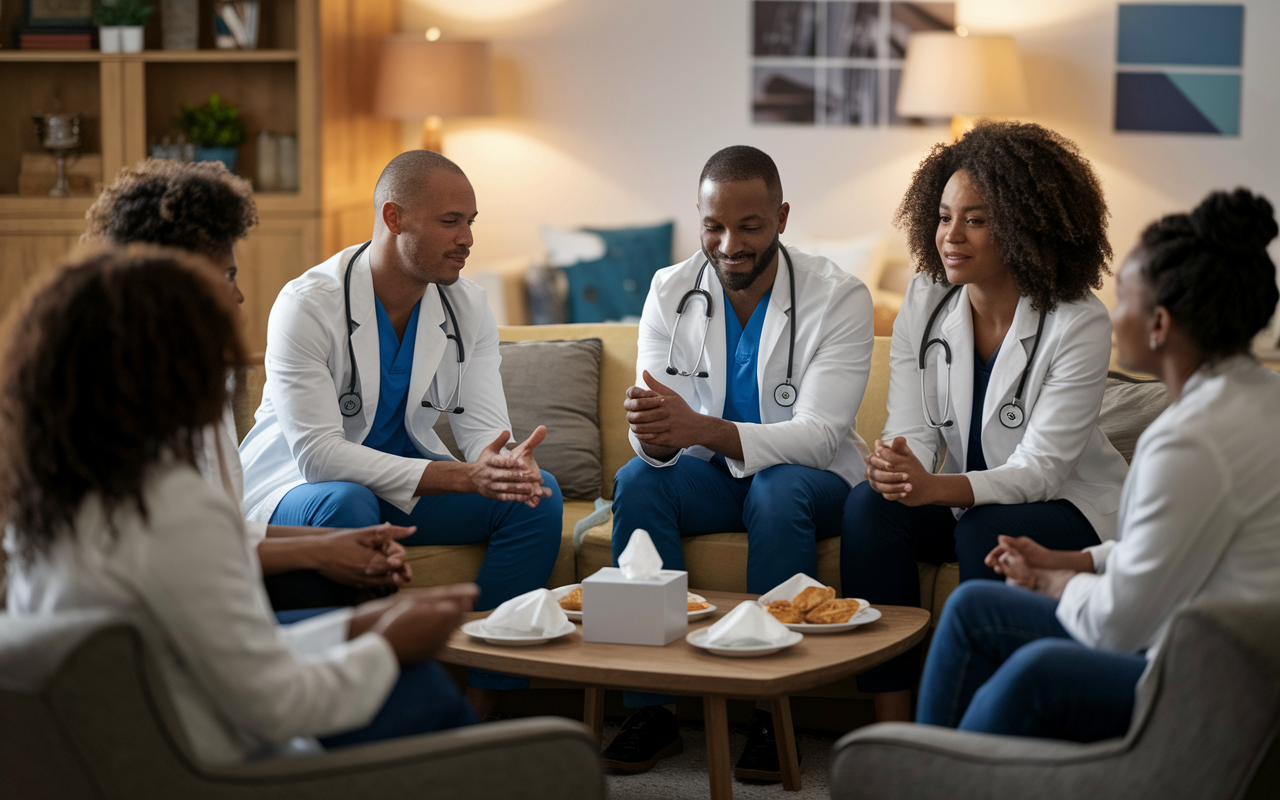 A warm, inviting scene of a group of medical graduates in a cozy living room setting, engaging in an emotional support session. They sit in a circle, sharing their feelings, with tissues and comforting snacks on the table. Relaxed lighting creates an intimate atmosphere, showing empathy and connection among friends. Each individual displays diverse expressions of concern, relief, and determination, symbolizing their growth.