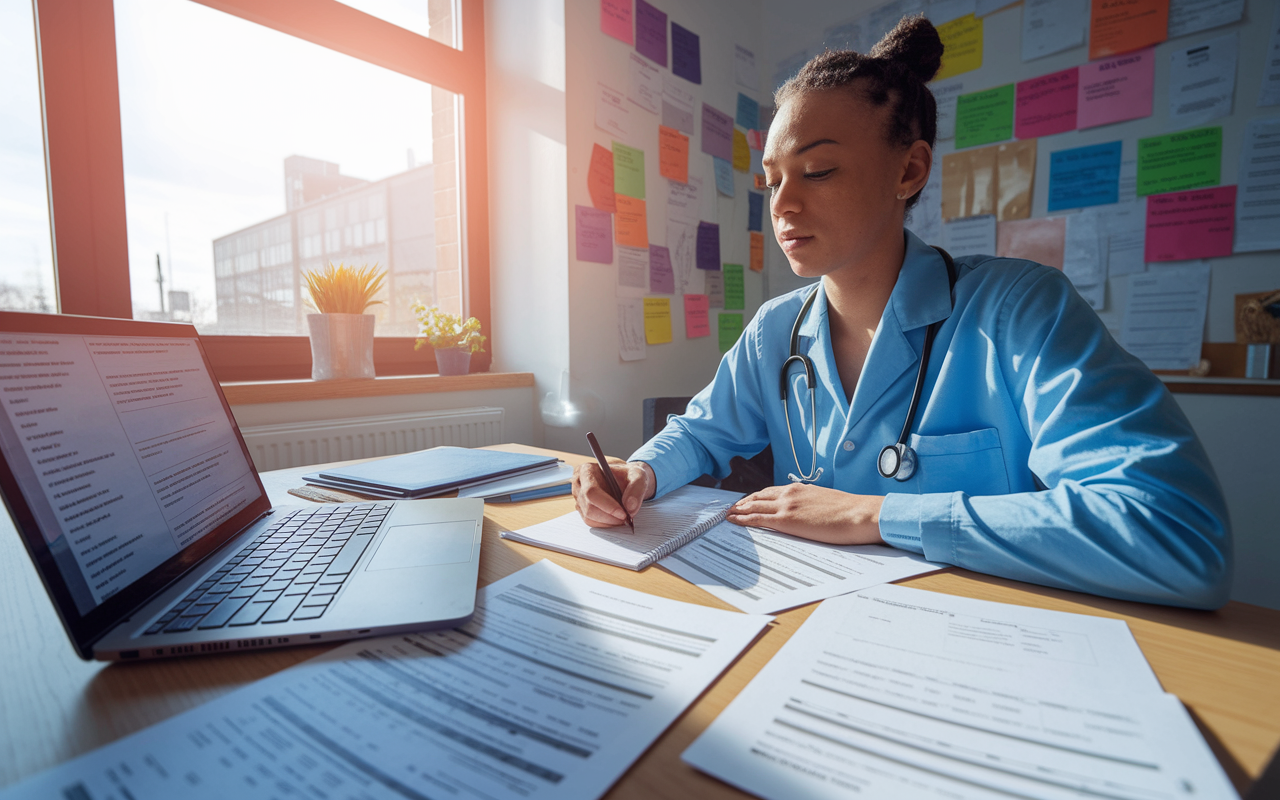 A focused scene of a new medical resident sitting at a desk full of paperwork, a laptop open with multiple tabs on residency logistics. Bright daylight streams through the window, illuminating organized papers and a checklist. The atmosphere is one of concentration and determination, as the resident highlights important information and makes notes, surrounded by a vision board of goals and aspirations.