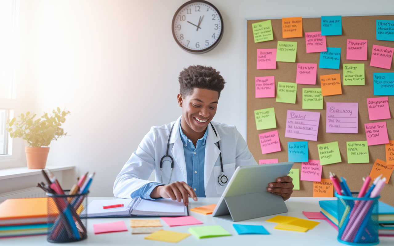 A vibrant and motivational scene of a young medical resident at a desk, surrounded by colorful planners, sticky notes, and study materials. A wall clock emphasizes the importance of time management. The resident is smiling while using a digital planner on their tablet, with a vision board filled with academic and personal goals in the background. Bright, natural light fills the room, inspiring productivity.