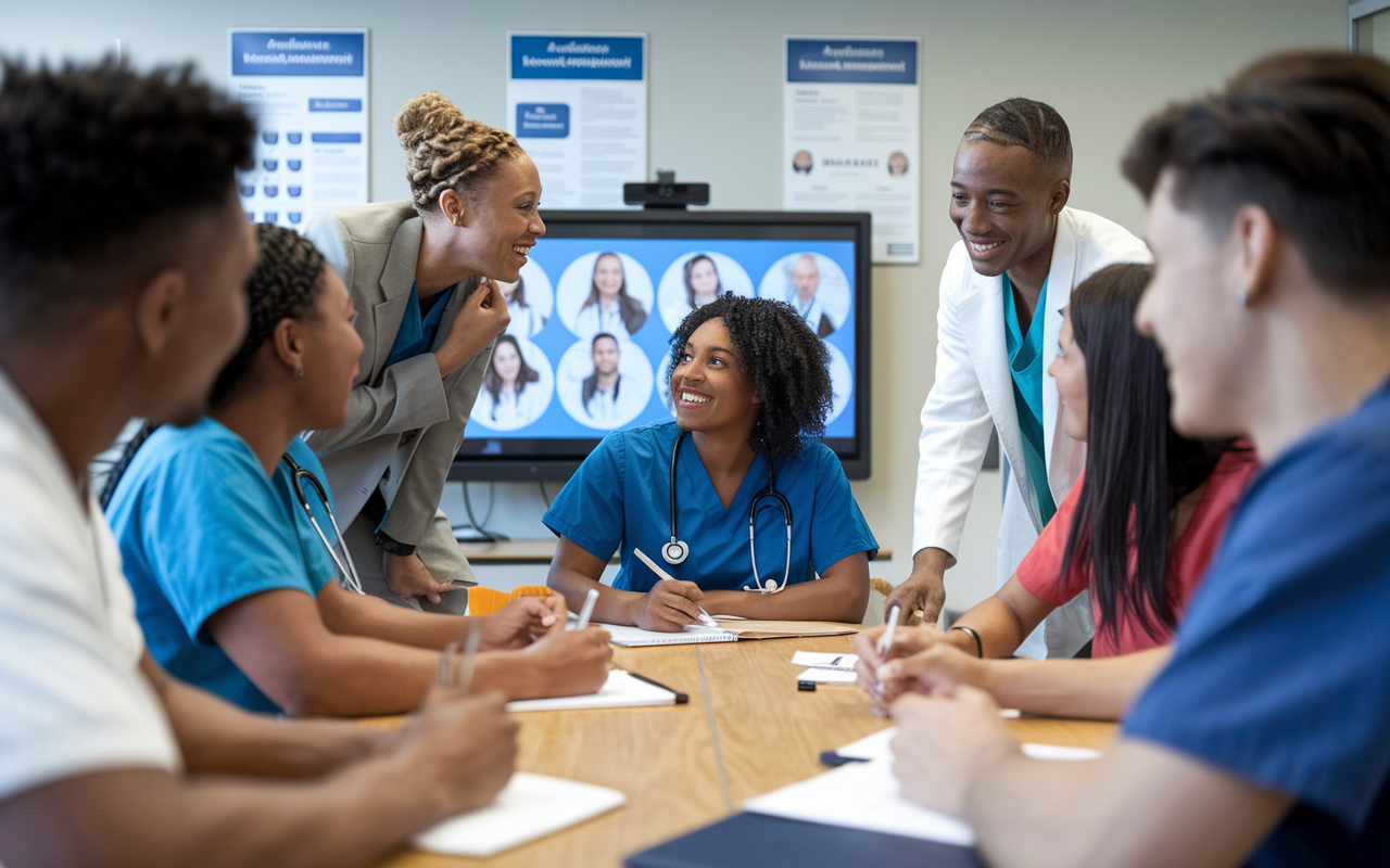 A lively classroom setup showing a group of residents engaging in a pre-residency learning session. They are gathered around a large screen with medical presentations, enthusiastic discussions and taking notes. The setting is well-lit with academic posters on the wall, and a mentor interacting with the group, instilling a sense of enthusiasm for learning.