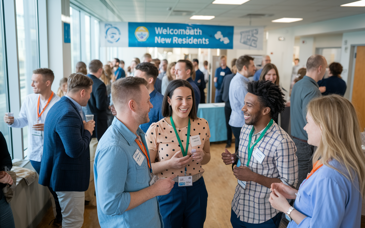 An engaging scene of a welcoming orientation event in a hospital, where newly matched residents are mingling and networking. Brightly lit room filled with cheerful conversations, name tags on attendees, and a banner welcoming new residents. Close-up of a small group laughing while discussing their specialties, fostering an environment of support and camaraderie.