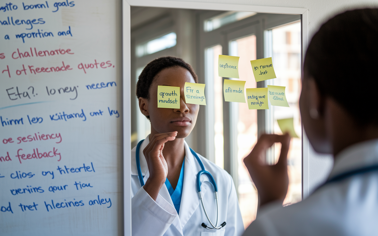 A motivational scene of a medical resident reflecting on their journey in front of a mirror, writing affirmations on sticky notes about embracing a growth mindset. Soft morning light filters through the window, symbolizing new beginnings. The background contains a whiteboard filled with written goals, challenges, and motivational quotes, illustrating the importance of resilience and feedback.