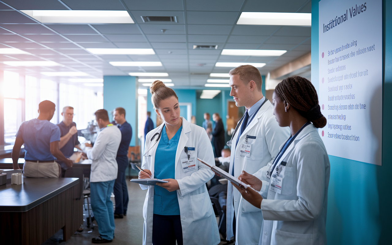 A insightful scene of a new resident observing the work culture in a busy hospital. They stand in a bustling breakroom, learning from senior residents discussing cases, with a poster on the wall outlining institutional values. Bright, dynamic contrasts of light and shadow depict the fast-paced environment, symbolizing observation and adaptation, while the new resident takes notes with a focused expression.