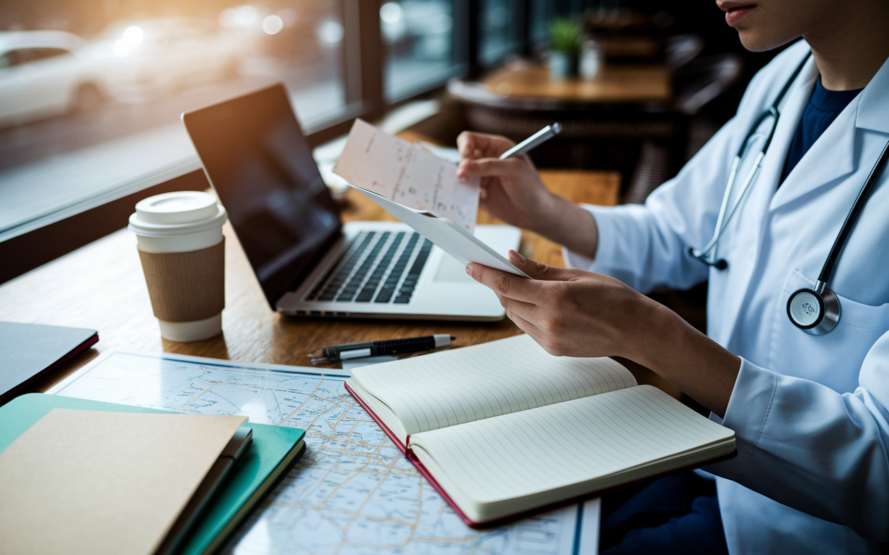 A close-up of a new medical resident sitting at a cozy café table, examining their Match results on a laptop. Various items scattered around: a coffee cup, a notebook filled with handwritten notes, and a map of the city. The sunlight filters through the window, casting a warm glow on their thoughtful expression. The atmosphere is calm, evoking a moment of reflection and anticipation for the future.